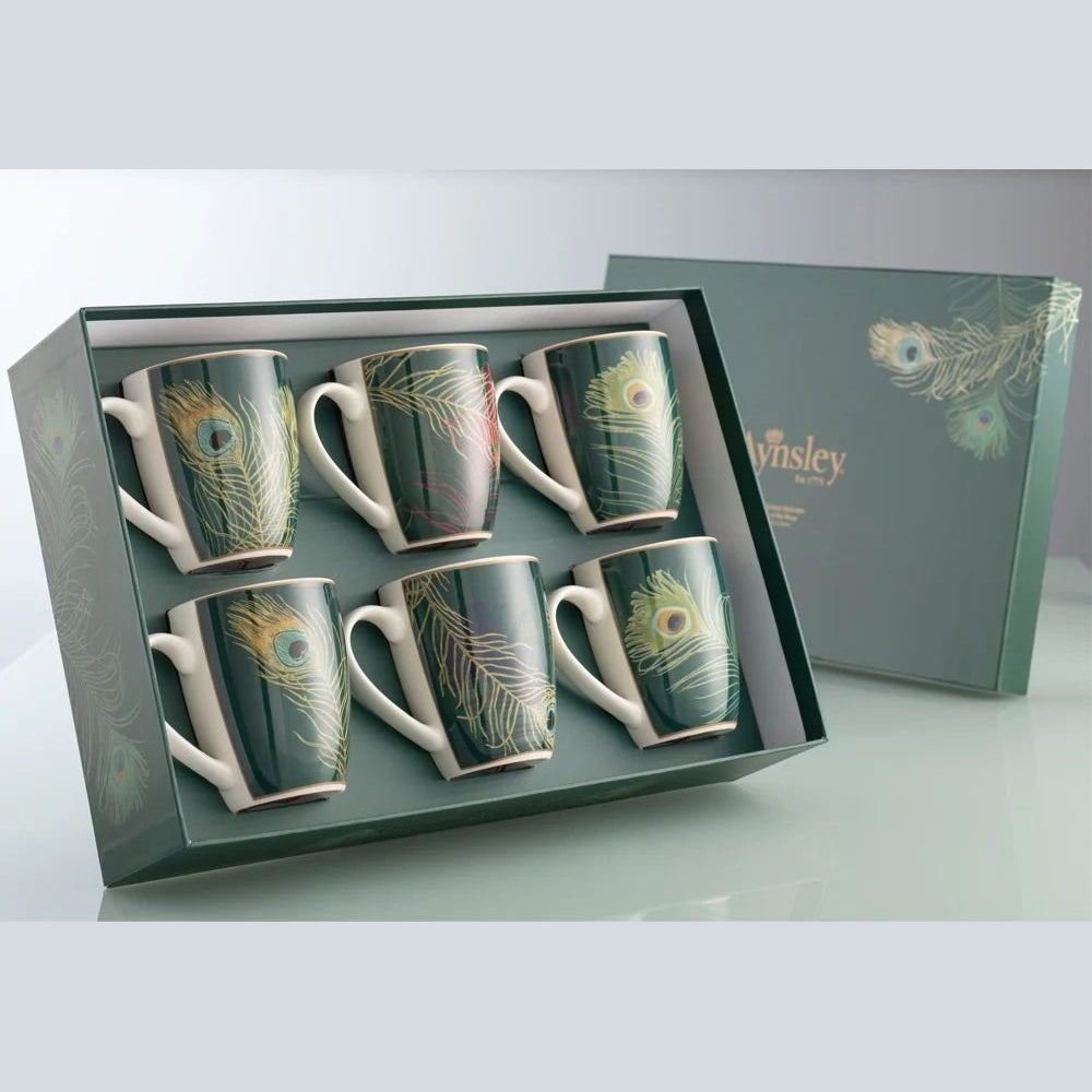 Aynsley - Peacock Feather Mugs Set of 6 in Hat Box