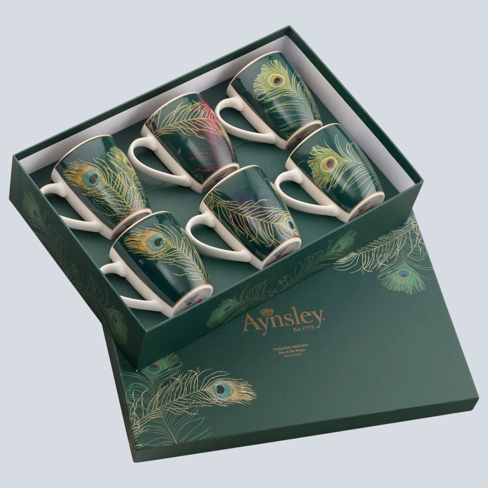 Aynsley - Peacock Feather Mugs Set of 6 in Hat Box