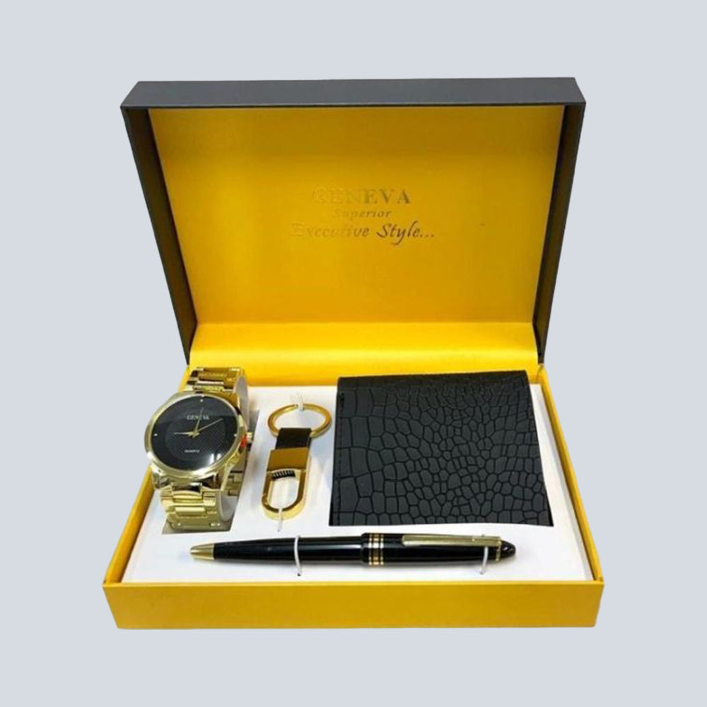 Geneva Mens Pen, Wallet & Barcelet Watch Gift Set - Gold