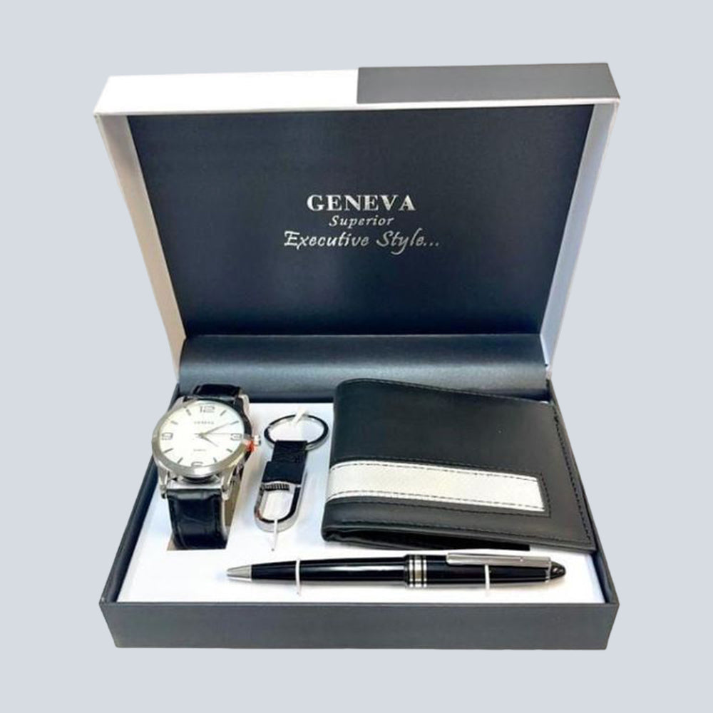 Geneva Mens Pen, Wallet & Barcelet Watch Gift Set - Silver