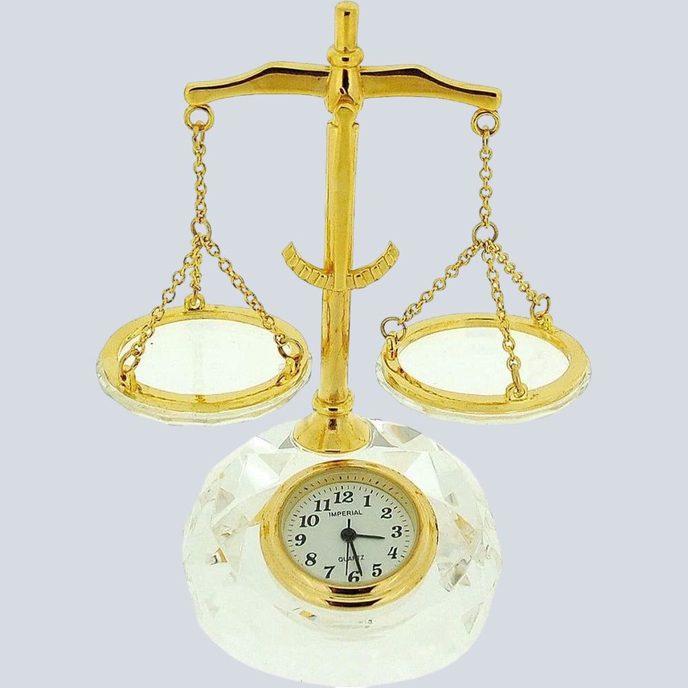 Miniature Clock - Crystal & Gold Plated Balance Scales