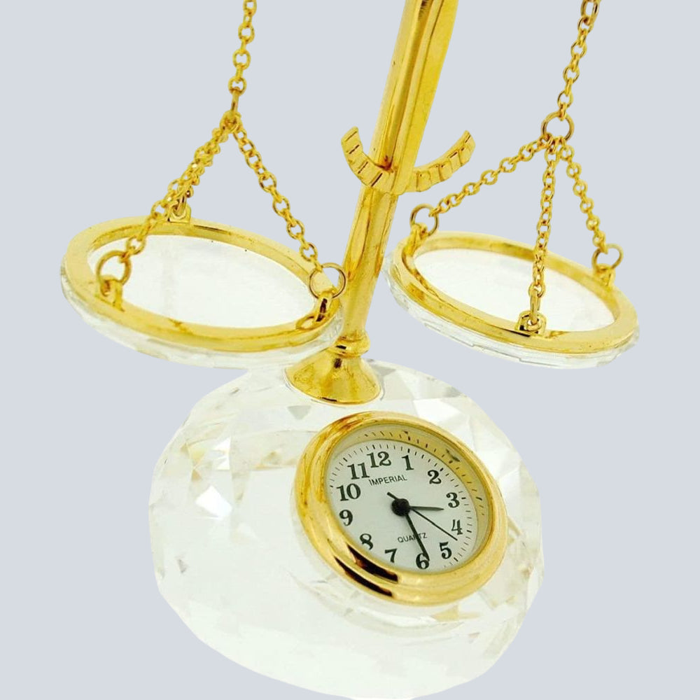 Miniature Clock - Crystal & Gold Plated Balance Scales