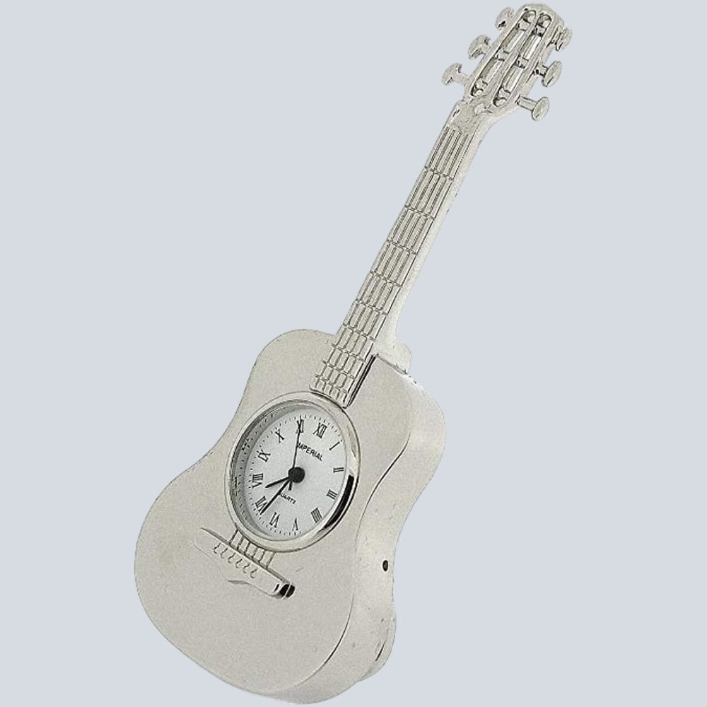 Miniature Clock - Silver Plated Free Standing Guitar