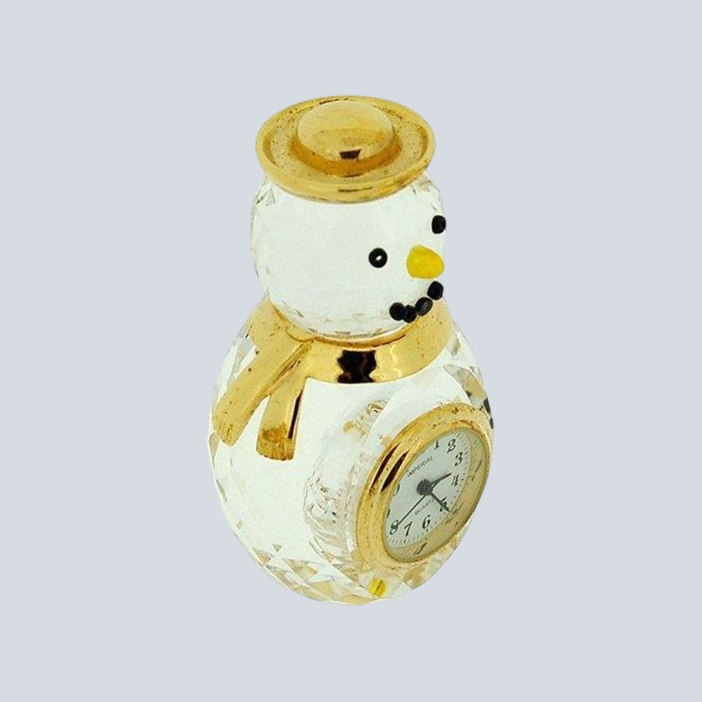 Miniature Clock - Crystal & Gold Plated Winter Snowman