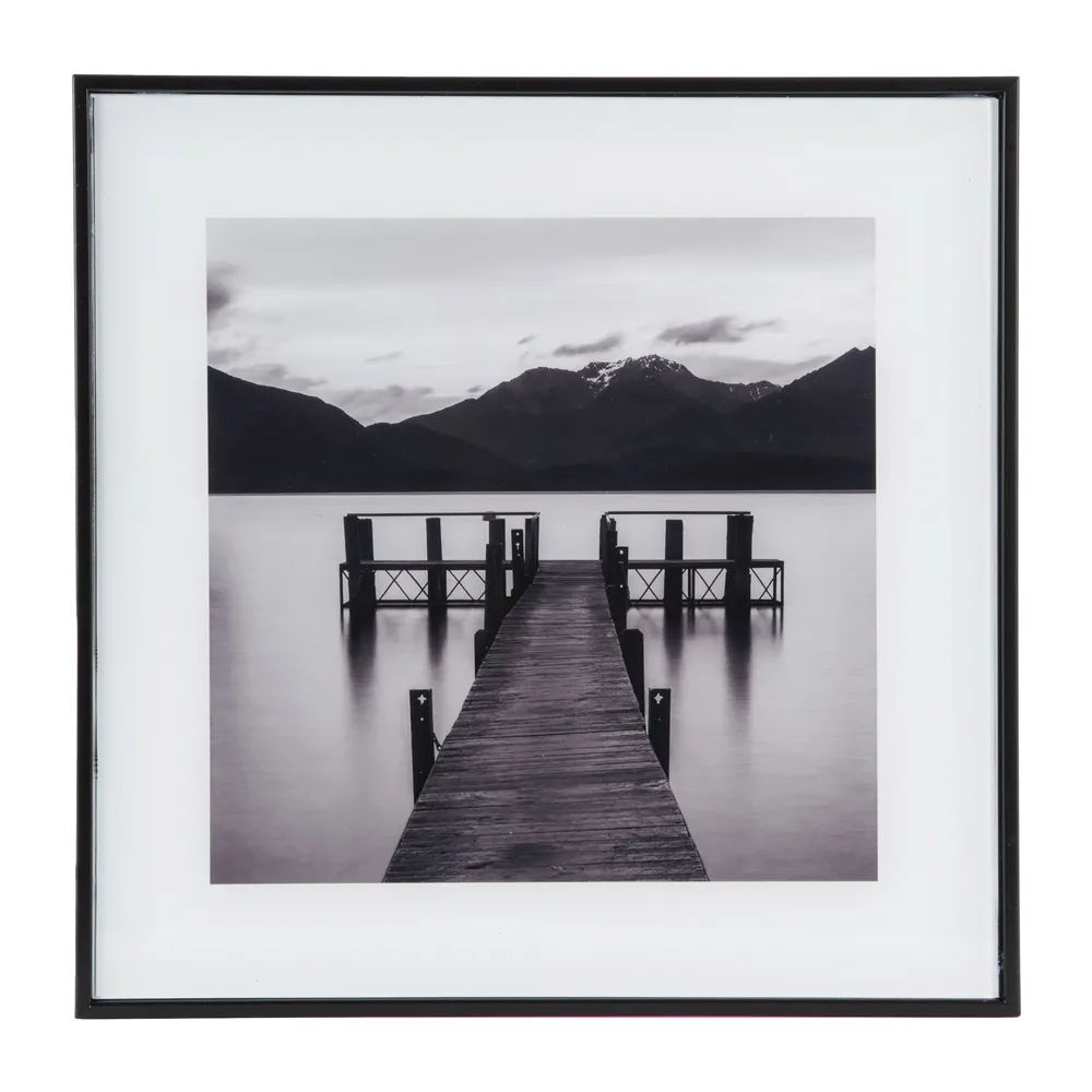 Photo Art Pier with Mountians Glass Black & White