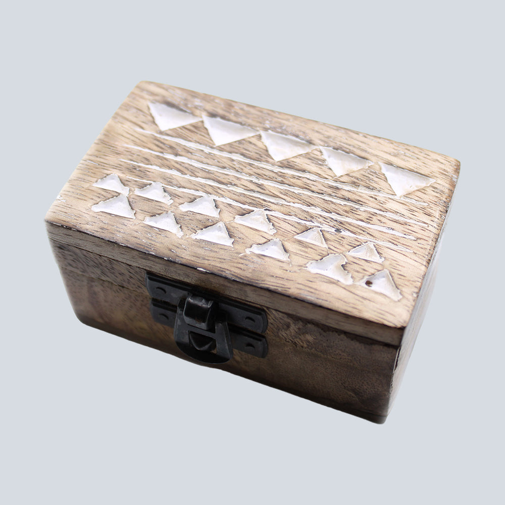 White Washed Wooden Box - 3x1.5 Pill Box Aztec Design