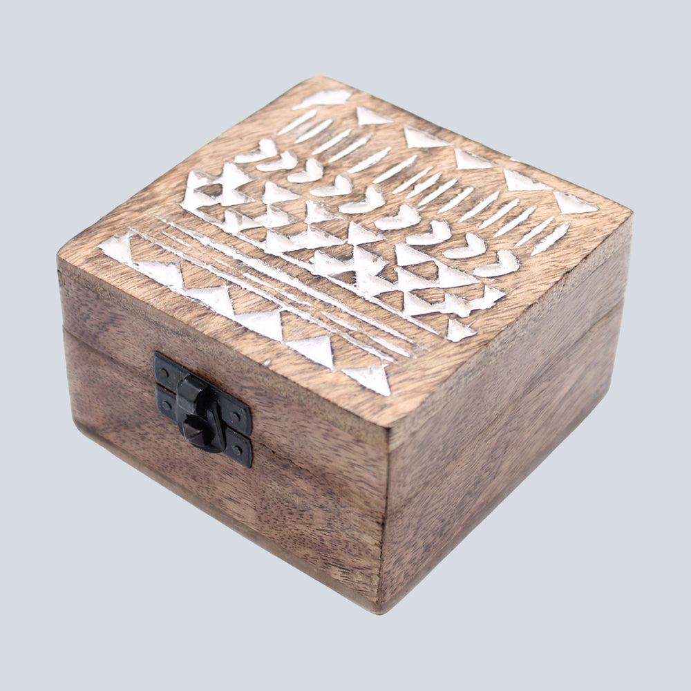 White Washed Wooden Box - 4x4 Aztec Design