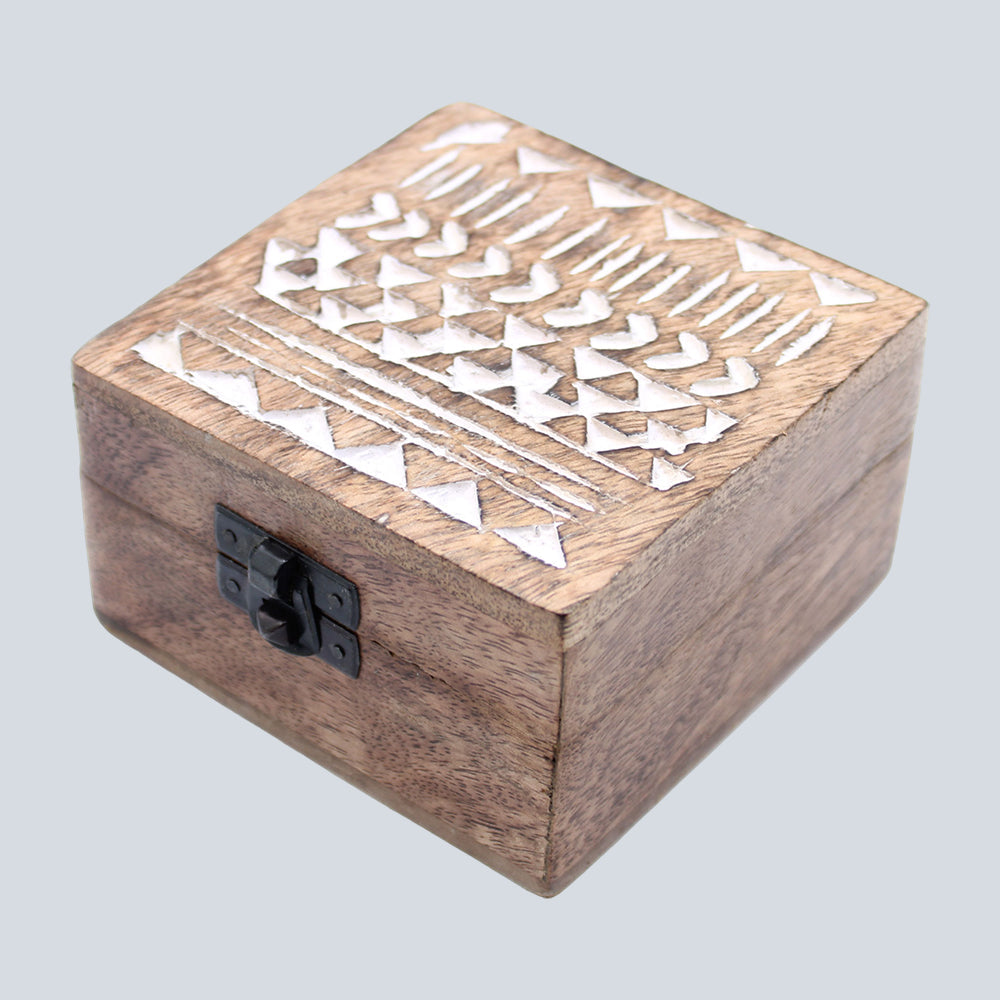 White Washed Wooden Box - 4x4 Aztec Design