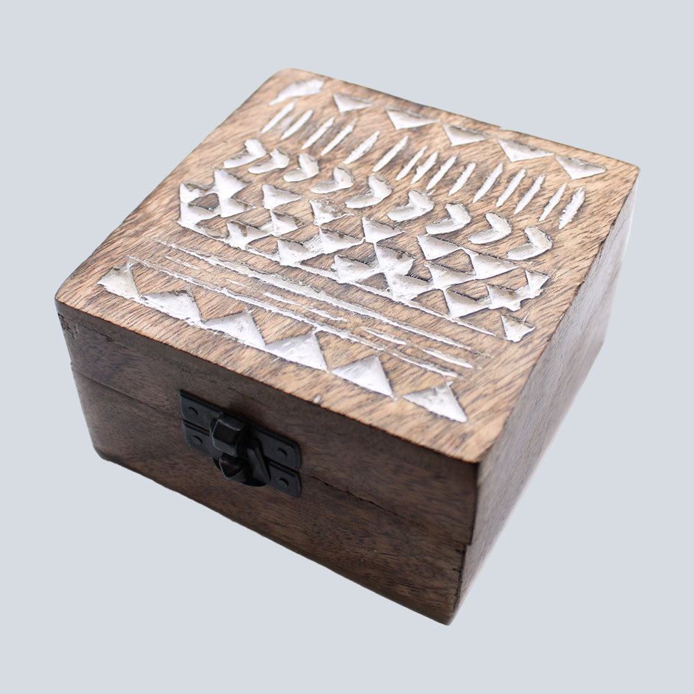 White Washed Wooden Box - 4x4 Aztec Design