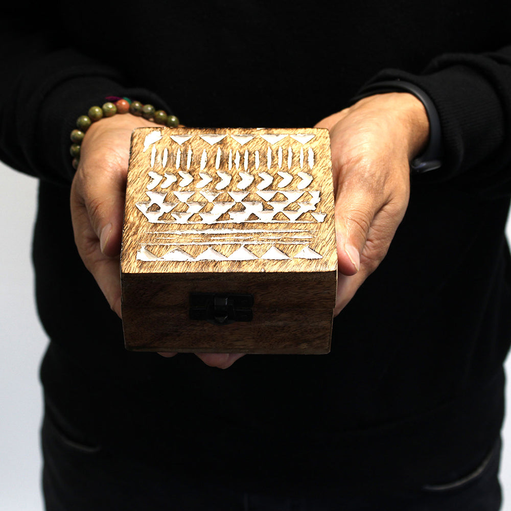 White Washed Wooden Box - 4x4 Aztec Design