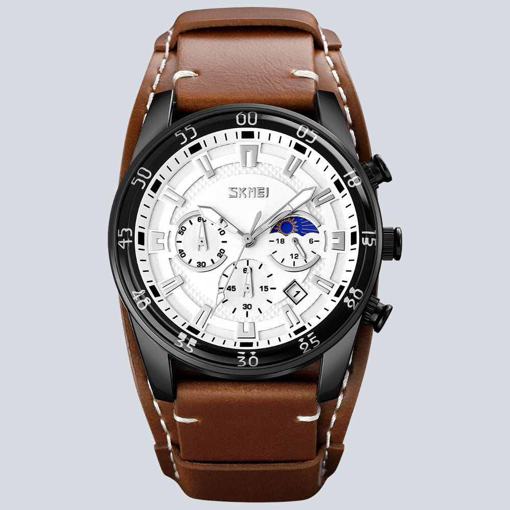 Men's SKMEI 9429 Moonphase Calendar Stopwatch Leather Strap Quartz Watch