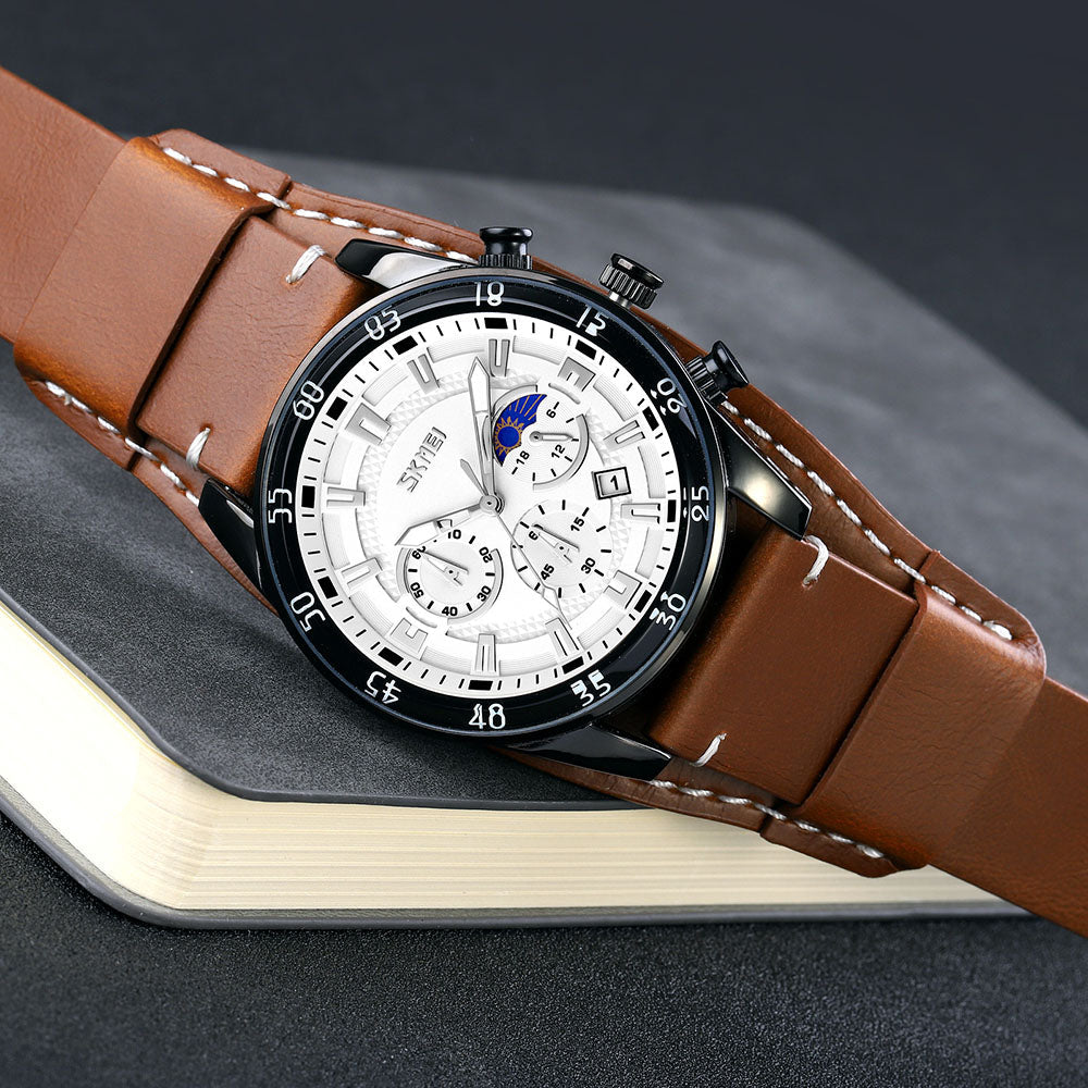 Men's SKMEI 9429 Moonphase Calendar Stopwatch Leather Strap Quartz Watch