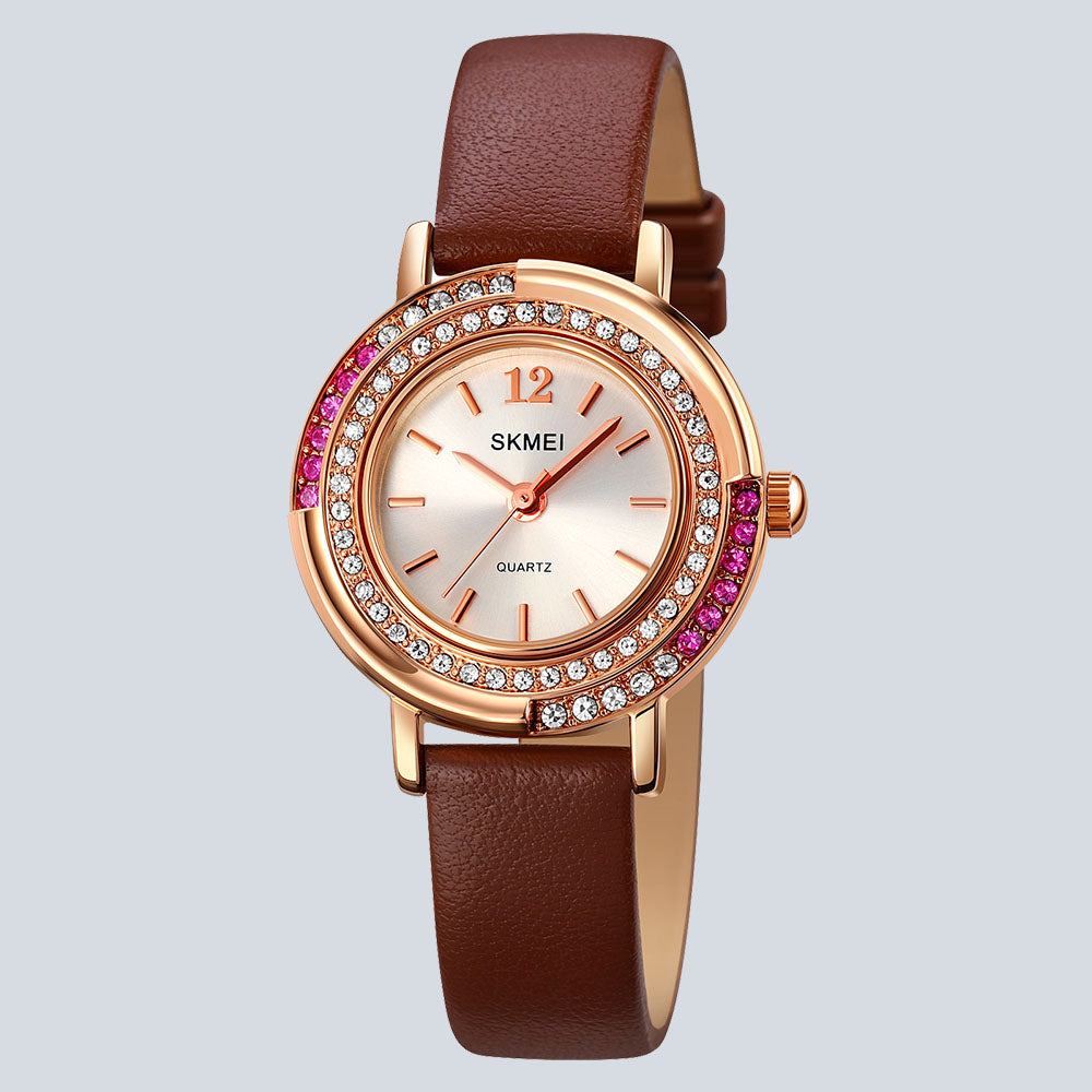 Women's SKMEI 5581 Luxury Rhinestone Genuine Leather Quartz Watch