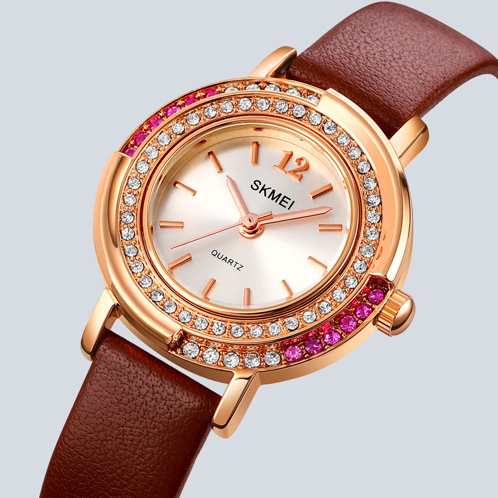 Women's SKMEI 5581 Luxury Rhinestone Genuine Leather Quartz Watch