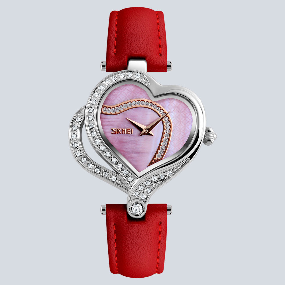 Women's SKMEI 1619 Heart Shape Leather Strap Rhinestone Quartz Watch