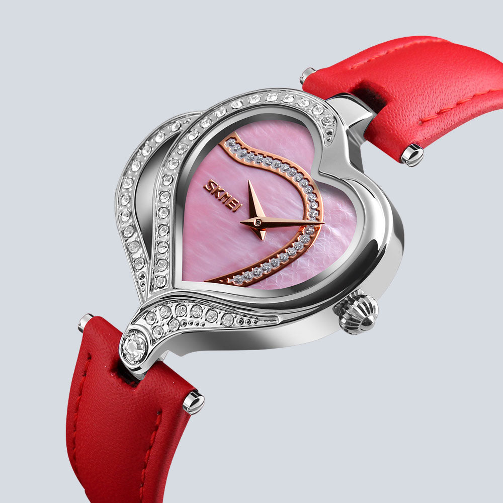 Women's SKMEI 1619 Heart Shape Leather Strap Rhinestone Quartz Watch