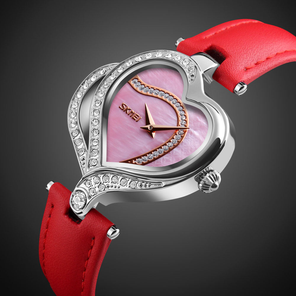 Women's SKMEI 1619 Heart Shape Leather Strap Rhinestone Quartz Watch