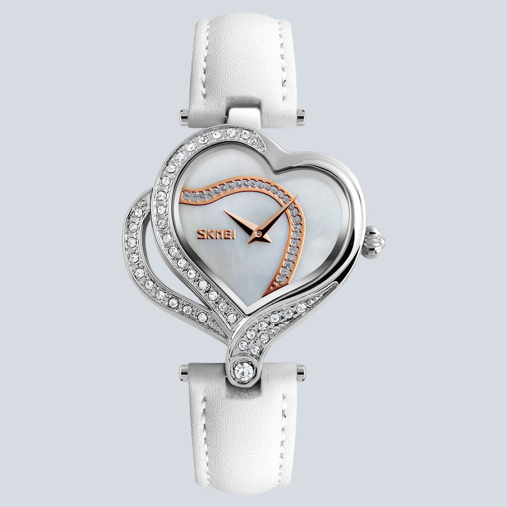 Women's SKMEI 1619 Heart Shape Leather Strap Rhinestone Quartz Watch